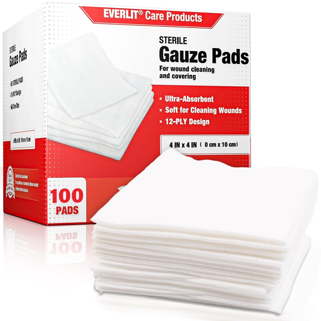 EVERLIT [Extra-Thick] 4 'x4' Sterile Gauze Pad 12-Ply, 100 팩, 개별 포장, 울트라 흡수성 대형 비-Woven 의료 가제 스펀지 부상 홈 응급 키트