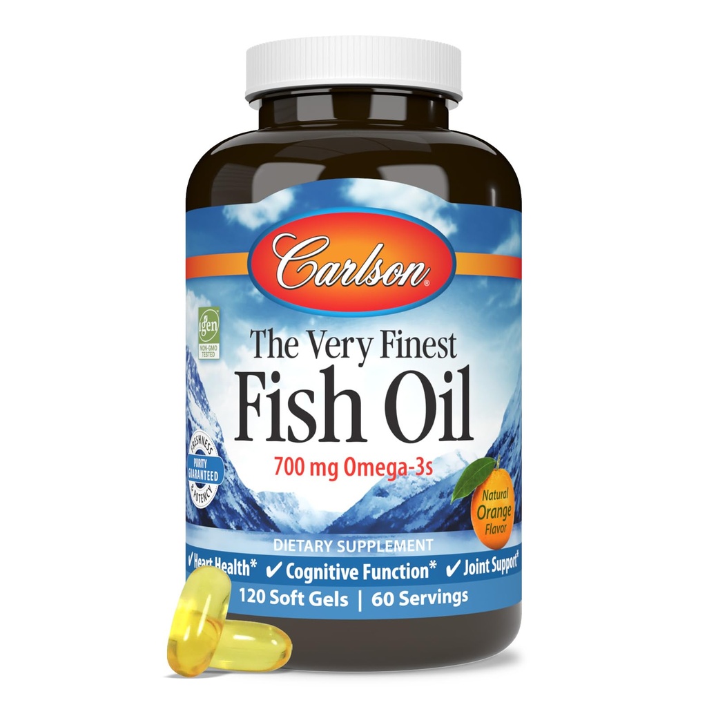 Carlson - 매우 Finest Fish Oil, 700 mg Omega-3s, 노르웨이어 생선 오일 보충, 야생 잡은 오메가 3 생선 오일, 지속 가능한 Sourced Fish Oil 캡슐, 오메가 3 보충, 오렌지, 120 Softgels