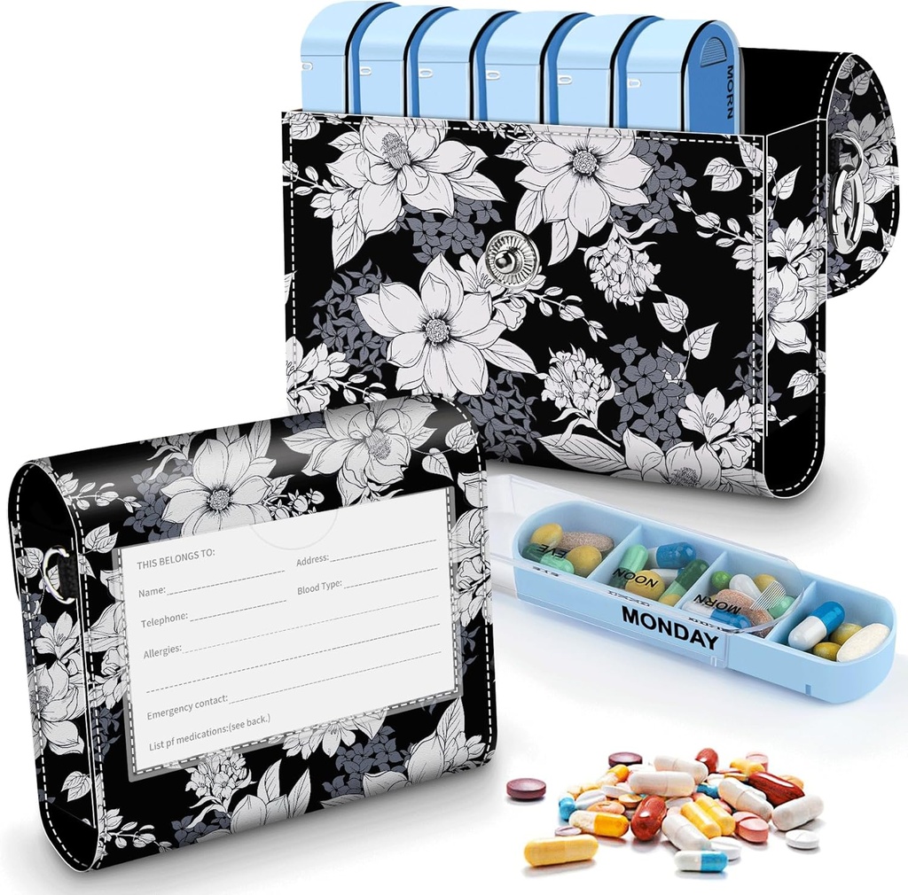Pill 주최자 케이스, 주간 여행 알약 케이스 Medication Reminder 매일 AM, 일 밤 7 격실, 4 시간 A 일 동안, 7 일 주 포함 우아한 인쇄된 가죽 나르는 케이스