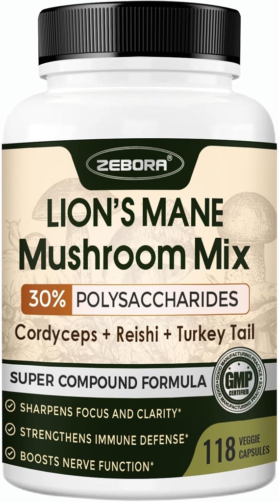 사자 Mane 보충 캡슐 - 사자 Mane, Cordyceps, Reishi, 터키 꼬리, Shiitake와 버섯 보충 - 메모리, 초점 및 면역 지원을위한 사자 Mane 보충 - 118 Vegan 버섯 캡슐