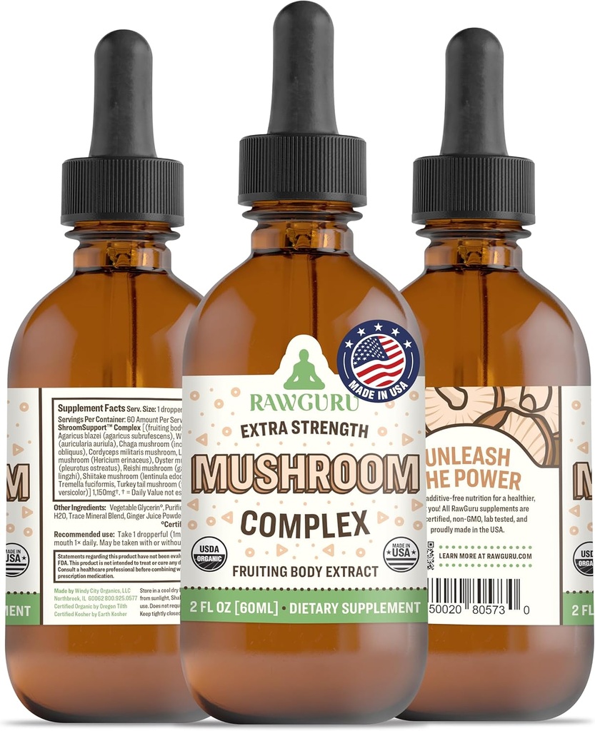 RawGuru Organic Mushroom Complex Tincture - Trace Minerals가있는 유기 버섯 추출물 - Nano-Processed Cognitive & Immune Support Supplement - 60 ml, 1 팩