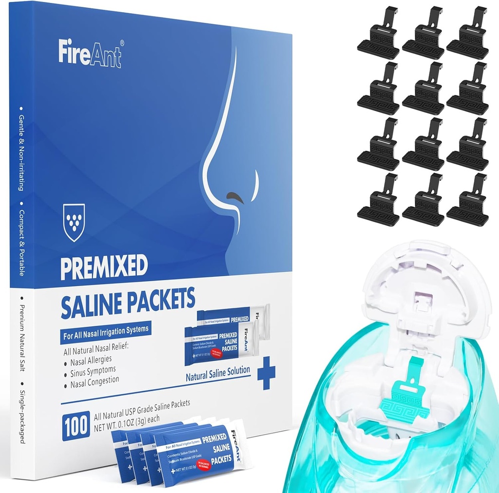 FireAnt 100 Saline Packets 및 12 Reusable Saline Pods Refills Set, Navage Nasal Care와 호환 - 100 카운트 소금 패킷 Sinus Rinse + 12 팩 실리콘 소금 패드 검은 색 리필 포함