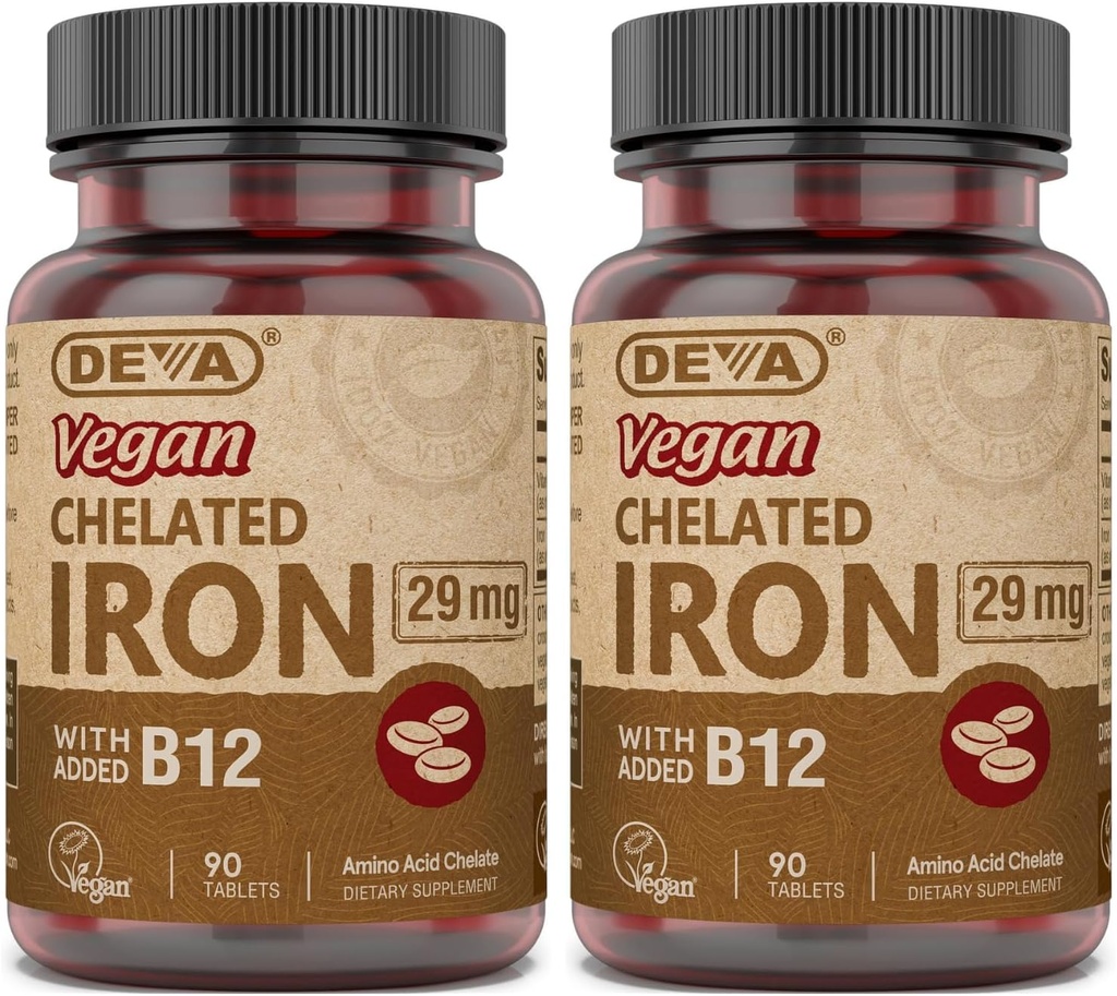 DEVA 영양 Vegan Chelated 철 29 mg는 B-12로 Fortified - 높은 힘, 삼키기에 쉬운 - 90의 정제, 2 팩