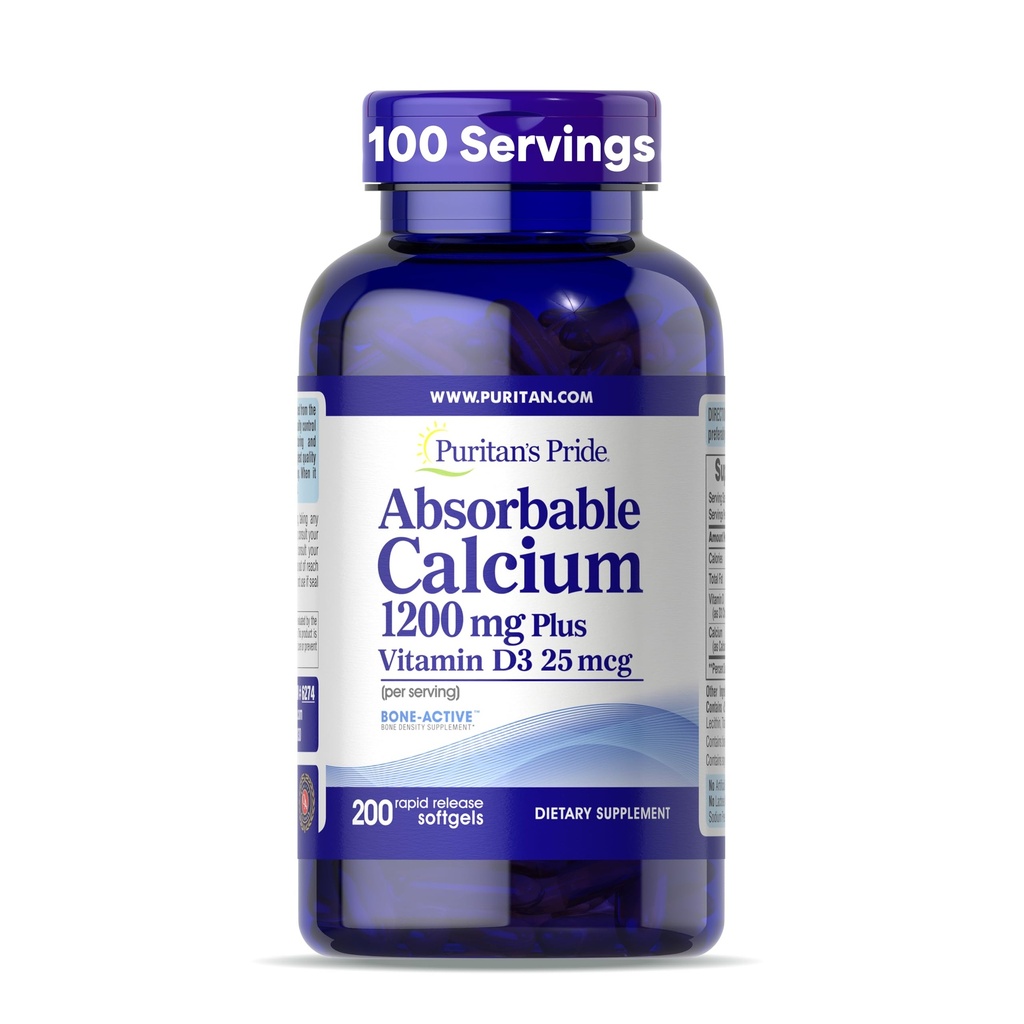 Puritan의 Pride 흡수성 칼슘 1200 mg 플러스 비타민 D3 25mcg 1000 IU Bone-ActiveTM, 200 급속한 방출 Softgels