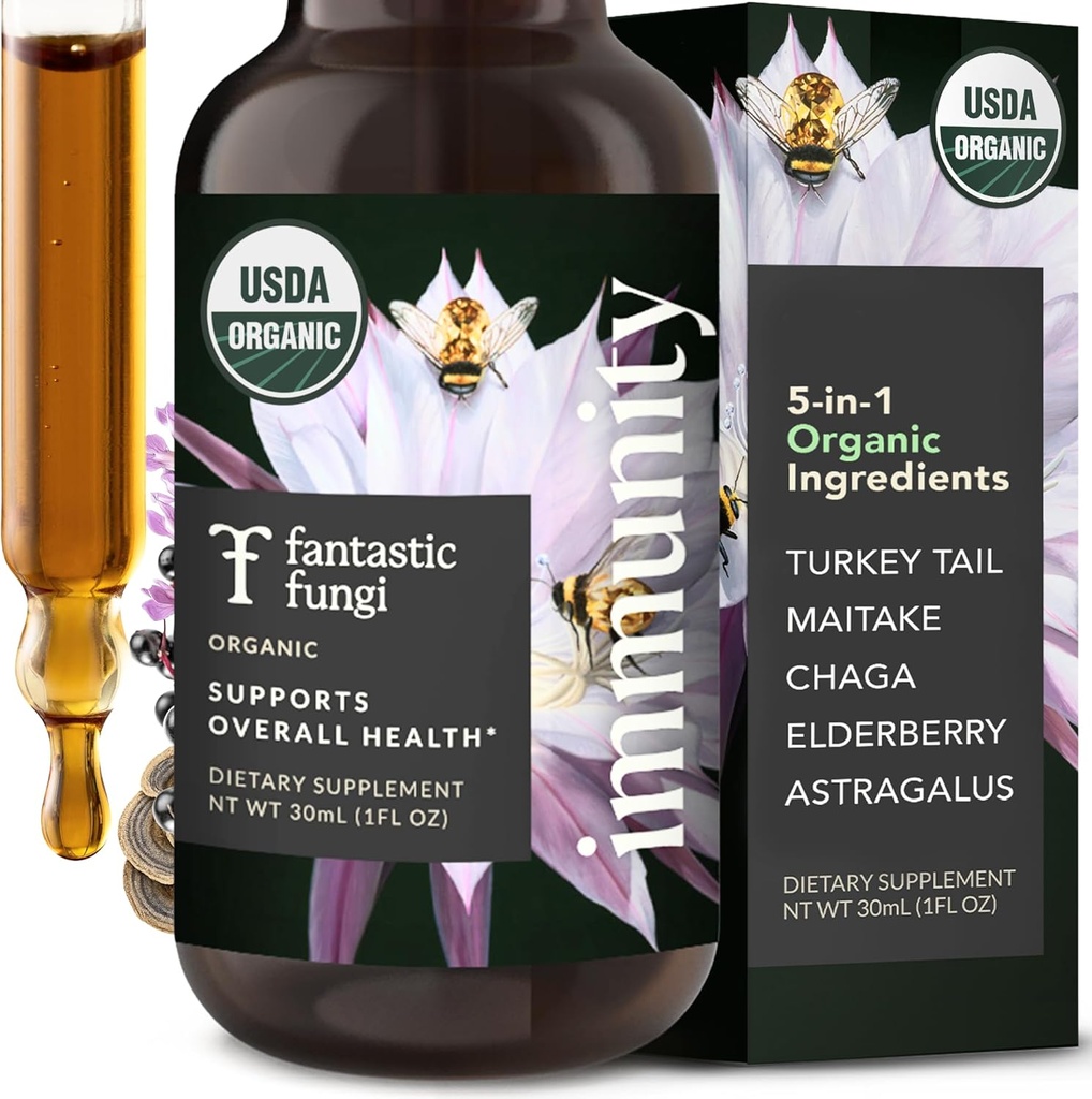 환상적인 펀기 버섯 추출물 하락 - 터키 꼬리 버섯 추출물, Maitake, Elderberry, Chaga & Astragalus를 가진 면제 Elixir - 5-in-1 유기 면역 지원 보충교재, 30의 서빙, 1개의 fl oz