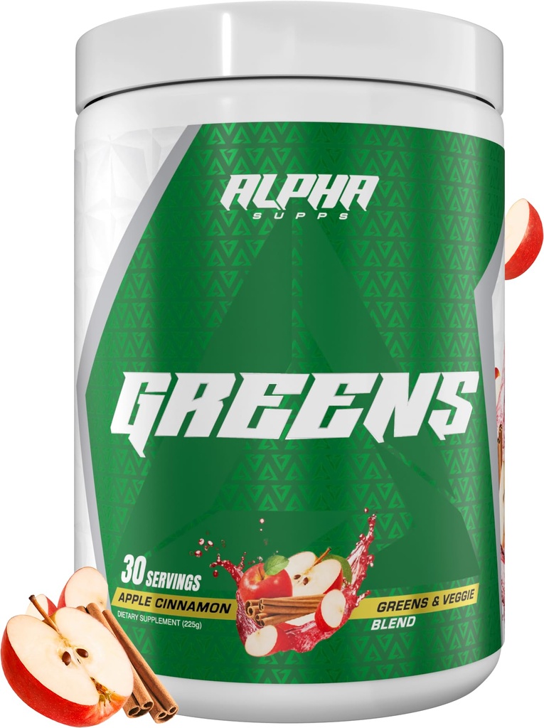 Alpha Supps - Alpha Greens Supplement | 과일 및 야채 슈퍼 푸드 분말 | 40 개 천연 식물 기반 성분 | Prebiotic & Probiotic Digestive Support Blend - 30개 서빙 (Apple Cinnamon)