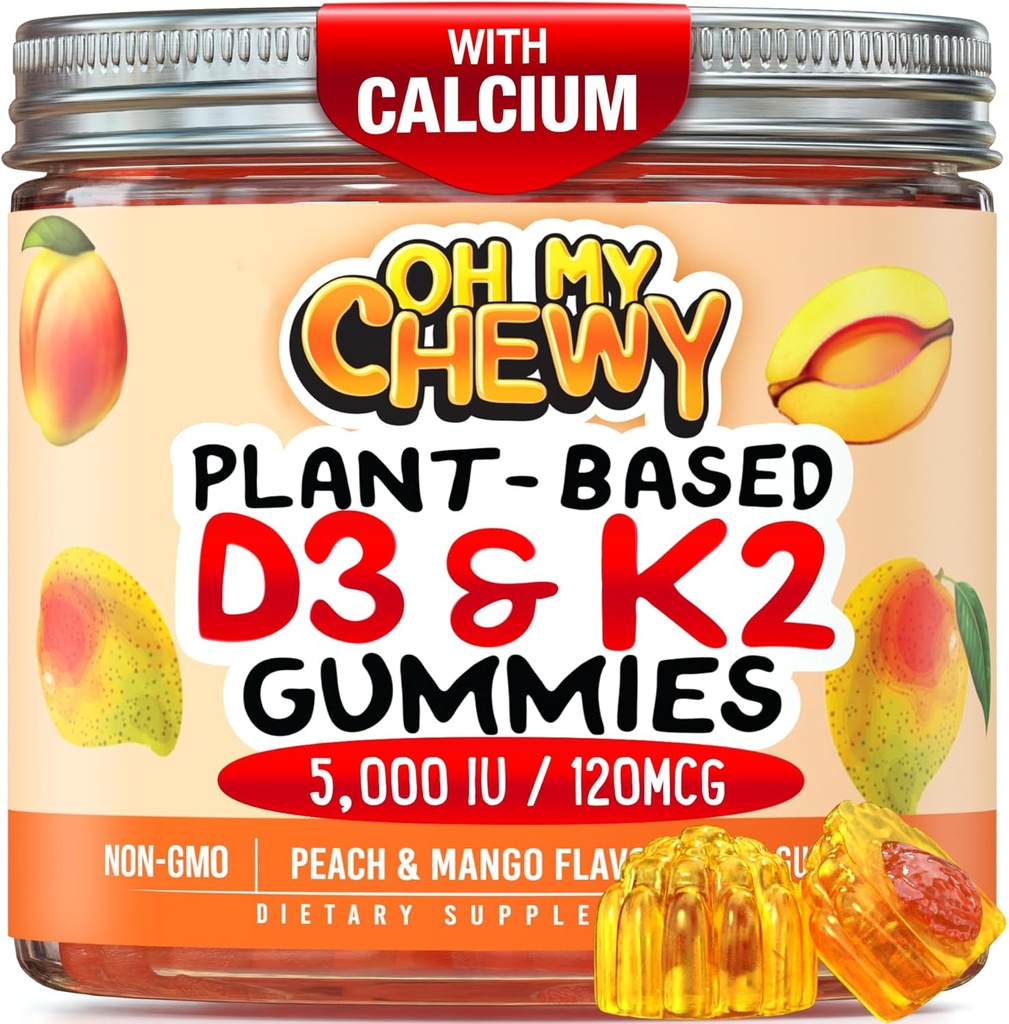 Center-Filled Vitamin D3 K2 Gummies - 어린이, 청소년 및 성인 - 건강한 치아, 뼈, 에너지 및 면역성을위한 보충 - 5000 IU D3, 120 mcg K2 (MK-7), 120 mg 칼슘 - Vegan & Non-GMO - 120 조사