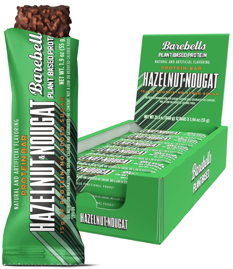Barebells Vegan Protein Bars Hazelnut & Nougat - 12 Count, 1.9oz Bar - 단백질 15g의 단백질 기반 단백질 바 - 총 설탕 1g의 초콜릿 단백질 스낵 - 이상