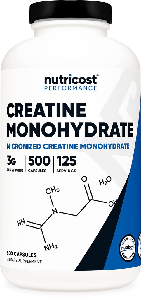 Nutricost Micronized Creatine Monohydrate 3,000mg 500 캡슐, 125 서빙, 캡슐 당 Creatine Monohydrate의 750mg