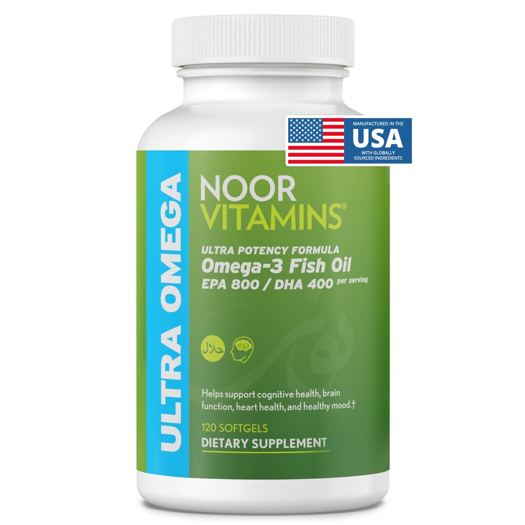 Noor 비타민 Halal 물고기 기름, Halal 비타민, 매우 오메가 3 야생 페루 물고기 (800 mg EPA & 400 mg DHA) 심장, 뇌 & 합동 지원, 비 GMO 및 글루텐 자유로운 (120 조사)
