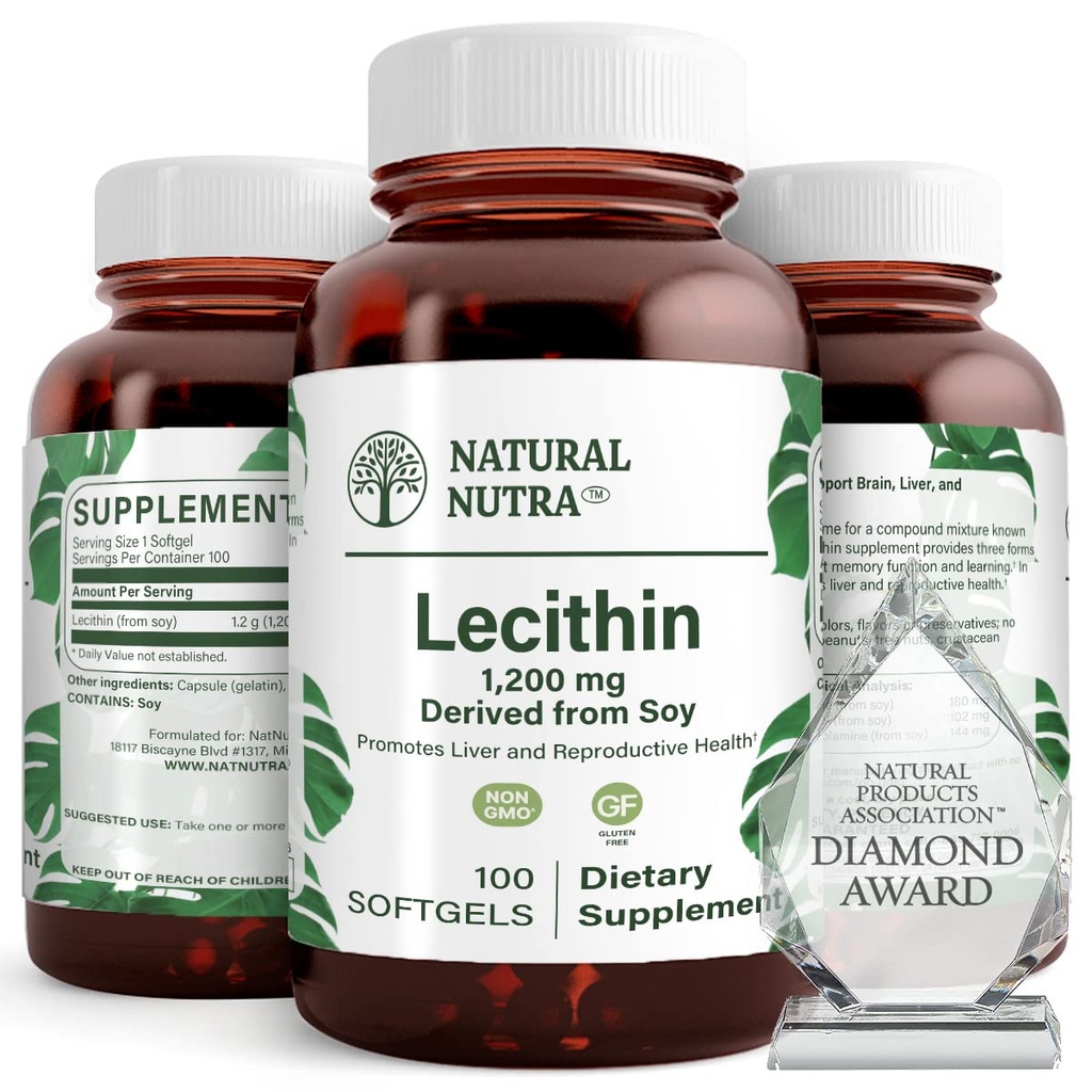Natural Nutra Soy Lecithin 1200 mg 다이어트 보충 - 뇌 기능, 간 건강, Hepls Breast 건강, 메모리 부스트 보충 - 글루텐 무료, BPA-Free, 재활용 유리 병에 100 Softgels