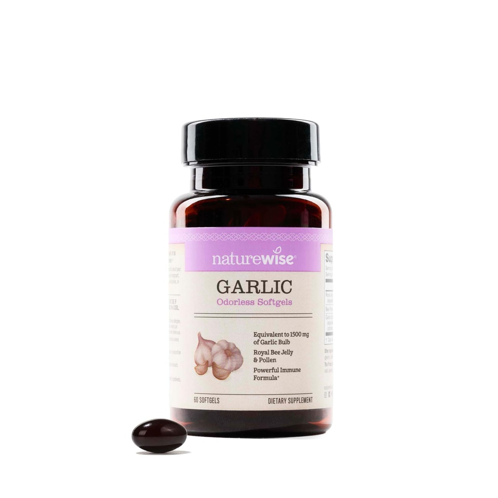 NatureWise Odorless Garlic 알약 - Royal Bee Jelly & Pollen - 심장 건강 + 면역 체계 + 산화 방지제 - 글루텐 무료, 비 GMO - 60 Softgels [2달 공급]
