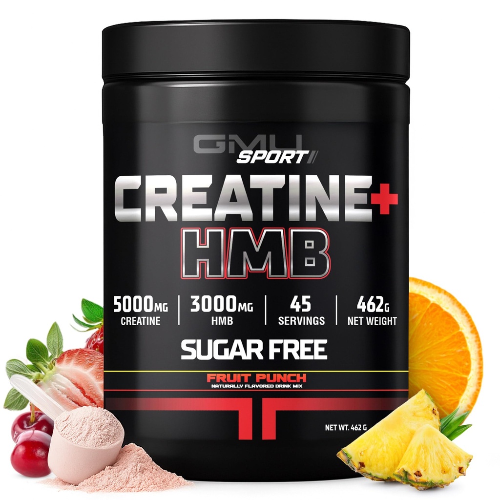 GMU SPORT - HMB 분말을 가진 크레아틴 Monohydrate - 45의 서빙, 크레아틴 HMB 보충교재, 증가한 힘을 위한 HMB를 가진 크레아틴, 근육 성장 & 강화된 에너지, 3G HMB/Fruit 펀치