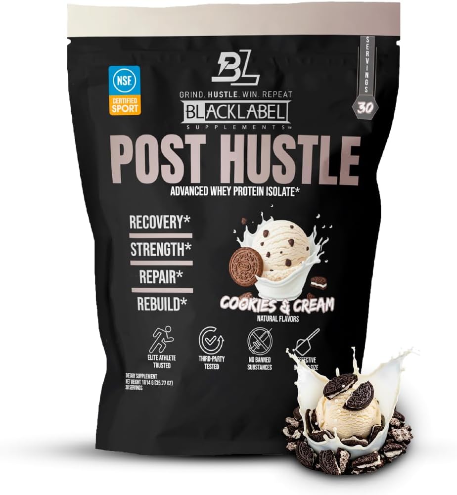 BLACKLABEL 보충 교재 포스트 휴즈틀 포스트 운동 단백질 분말, 30 서빙 - Digestive Enzymes와 스포츠 Whey Isolate 단백질 분말에 대한 NSF 인증 - 쿠키 및 크림