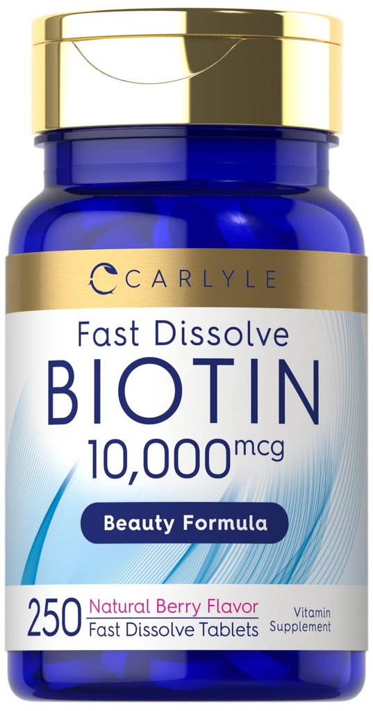 Carlyle Biotin 10000mcg | 250 빠른 용해 정제 | 최대 강도 | 채식주의, 비 GMO, 글루텐 무료 보충