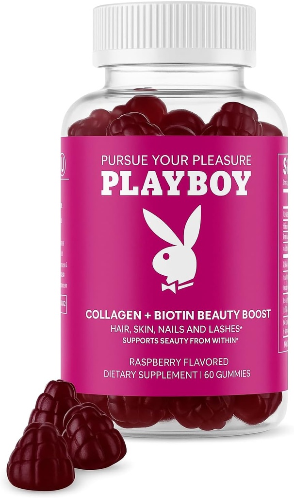 Playboy - Collagen + Biotin Beauty Boost Gummies for Hair, Skin, Nails & Lashes (60 Gummies) - 라즈베리 맛 Biotin & Collagen Supplement for Women & Men - Non-GMO, Gluten Free, Nut Free Gummy