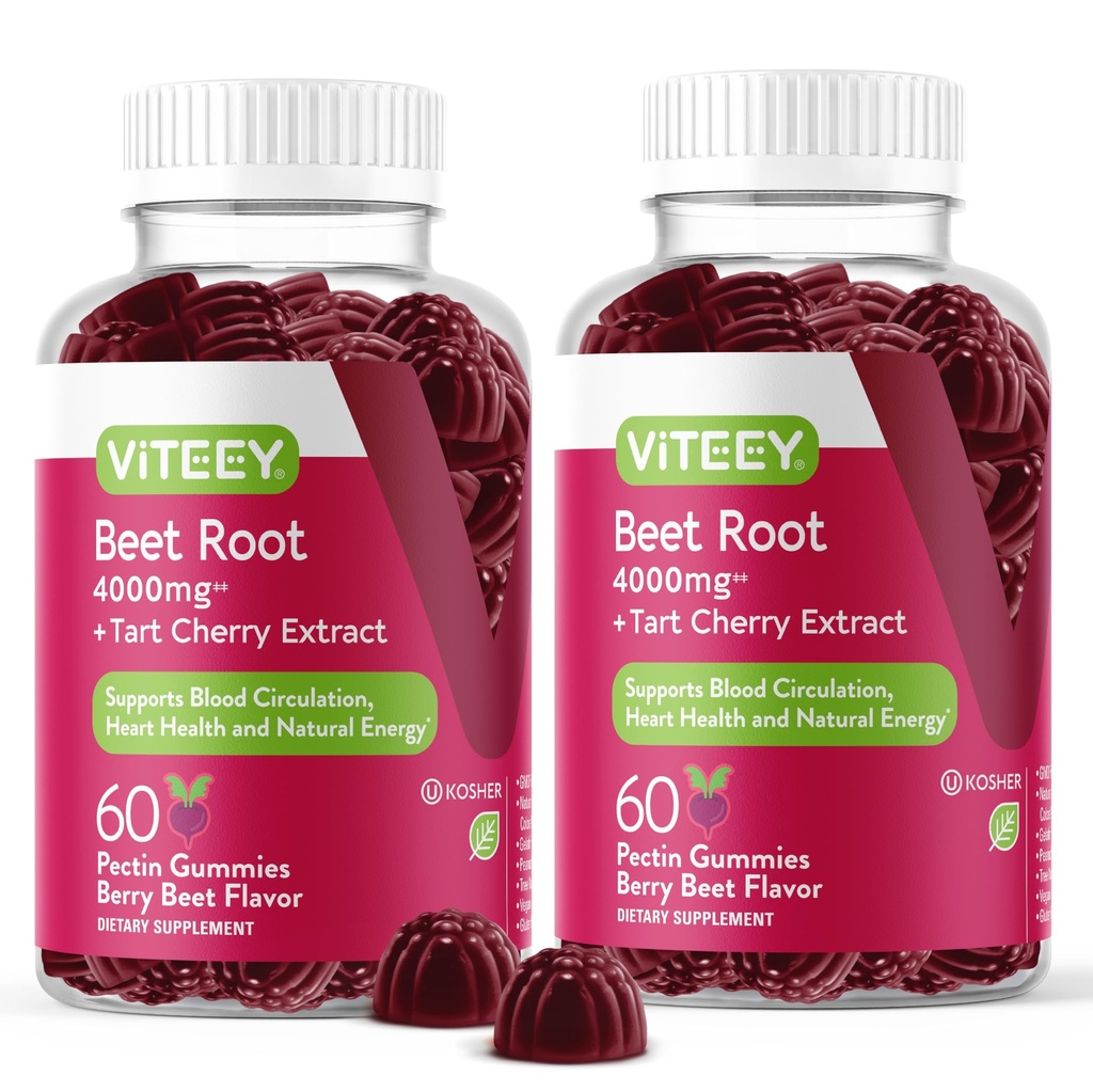 Viteey Beet Root Gummies with Tart Cherry - 심장 건강, 혈압 지원을위한 Beetroot 보충 - Vegan, 글루텐 - 무료 120 개