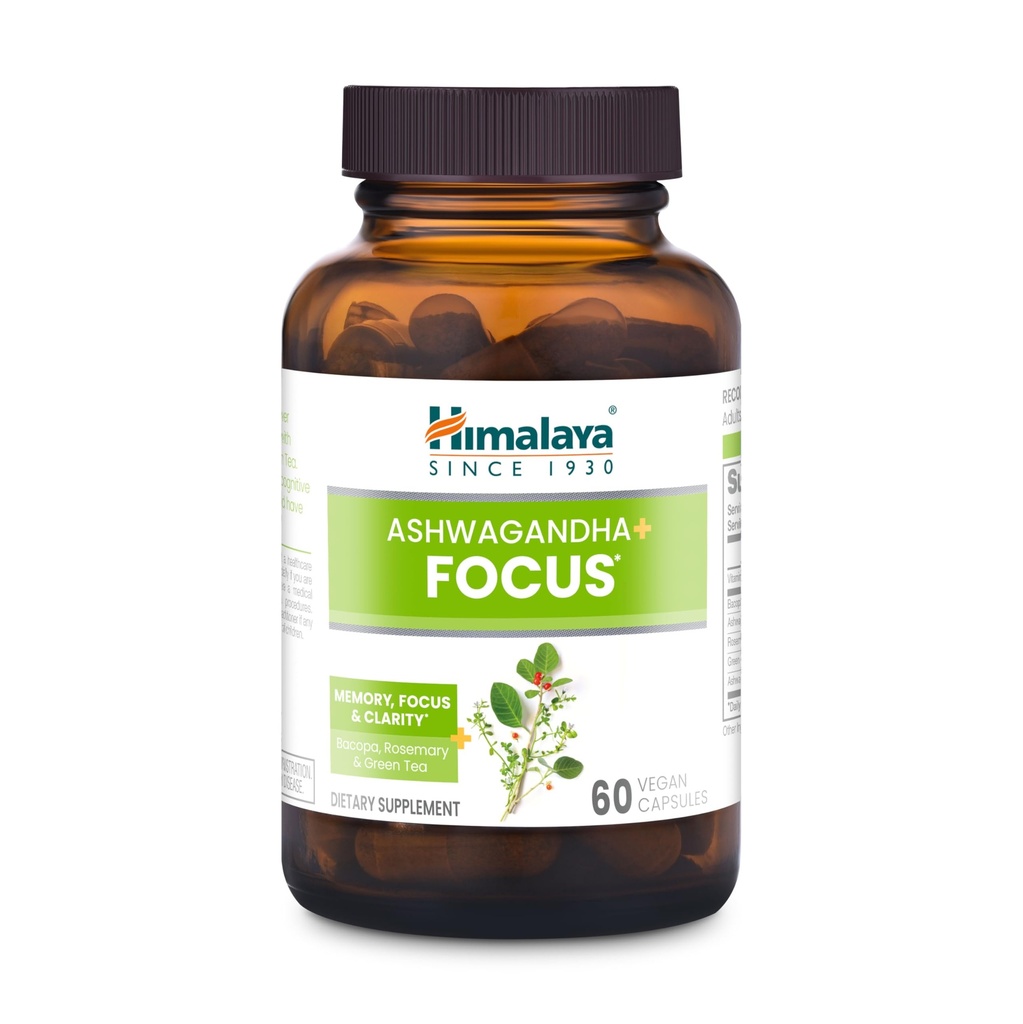 Himalaya Ashwagandha + Focus - B12, Rosemary, Green Tea 및 Bacopa Nootropics와 초본 초점 보충 - Vegan, Non-GMO, 글루텐 무료, 1690 mg, 60 캡슐