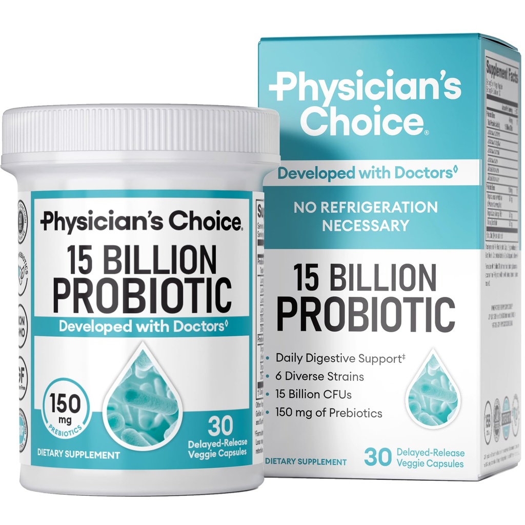 Physician 's CHOICE Beginner Probiotics 15 억 CFU - 6 개의 Diverse Strains & Organic Prebiotics, 전반적인 소화 건강을 위해 설계 및 Occasional 변비, Diarrhea, 가스 및 Bloating 지원