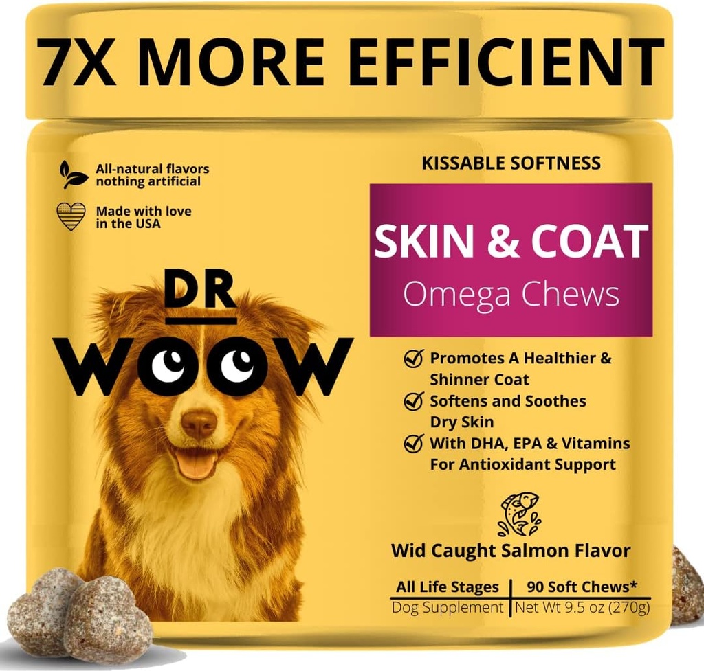 Omega Wild Alaskan Salmon Fish Oil 90 ct Soft Chews for Dog - Anti Itch & Coat + Allergy Support, Kelp, Biotin, Vitamins, 아연 - Itchy Skin, Dog 알레르기, May Reduce Shedding 도움