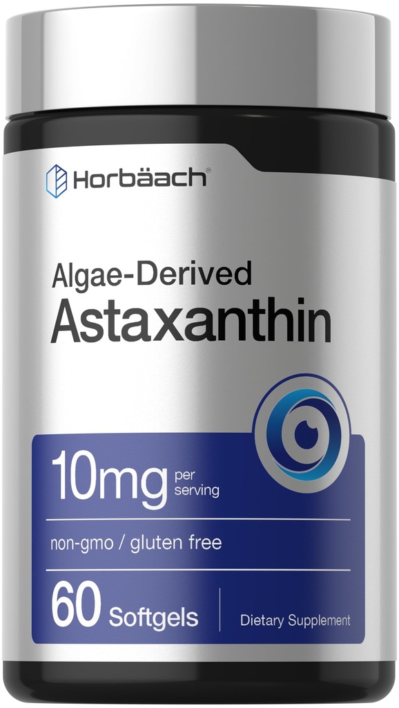 Horbäach Astaxanthin 보충제 | 10mg | 60 Softgel | 조류 분리식 | 비 GMO, 글루텐 프리