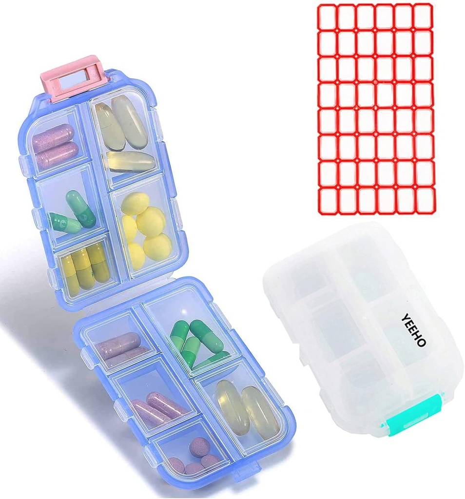Pill Case (2 Pack) - 10 구획을 가진 휴대용 작은 보충교재 정제 콘테이너 상자 - 여행 여행 주머니 지갑 (Blue+White)를 위한 약 비타민 주최자 분배기 홀더 저장