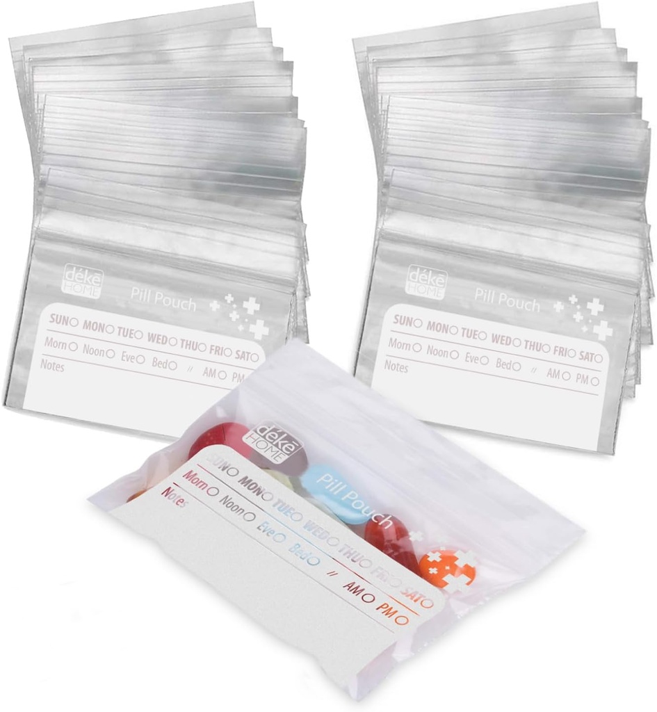 Deke Home - 250 팩 Clear Resealable Pill Bags (4x2.75 in), 글쓰기에 라벨이있는 여행 의학 주머니, 약물, 비타민 및 보충제를위한 BPA-Free 일회용 알약 주최자