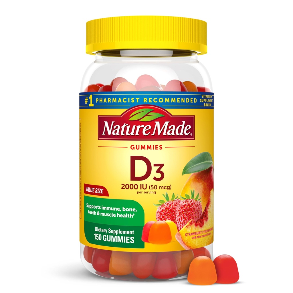 Nature Made Vitamin D3 2000 IU Per 서빙 구미, 뼈, 치아, 근육 및 면역 건강 지원, 75 일 공급, 성인 150 비타민 D Gummies