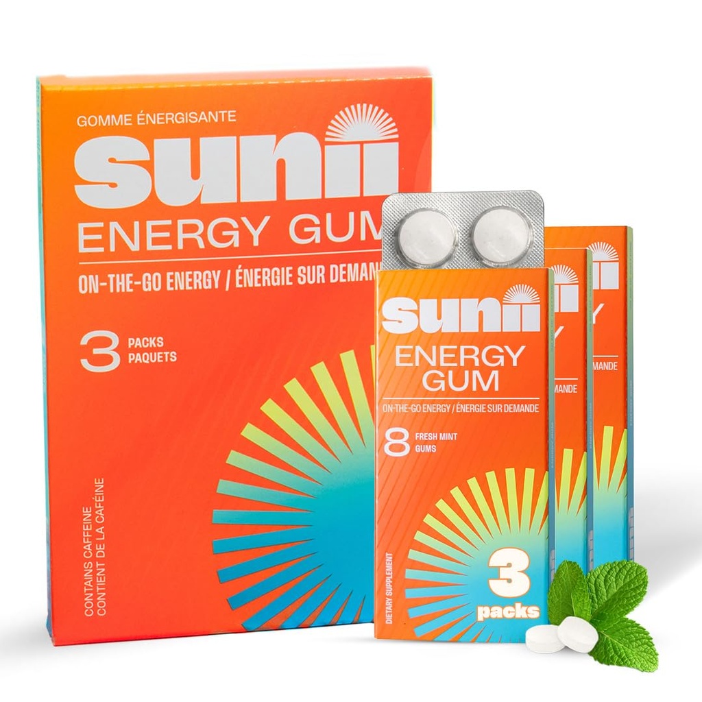 SUNII ENERGY GUM - 새로운 빠른 부스트 에너지 & 초점 - 50mg 카페인 껌 - 비타민 B6 & B12, 타우린, 채식주의자, 설탕 없음, 영 칼로리, 신선한 민트 맛 - Chews, 음료, 젤 & 알약 (24pcs) 보다는 더 빠른