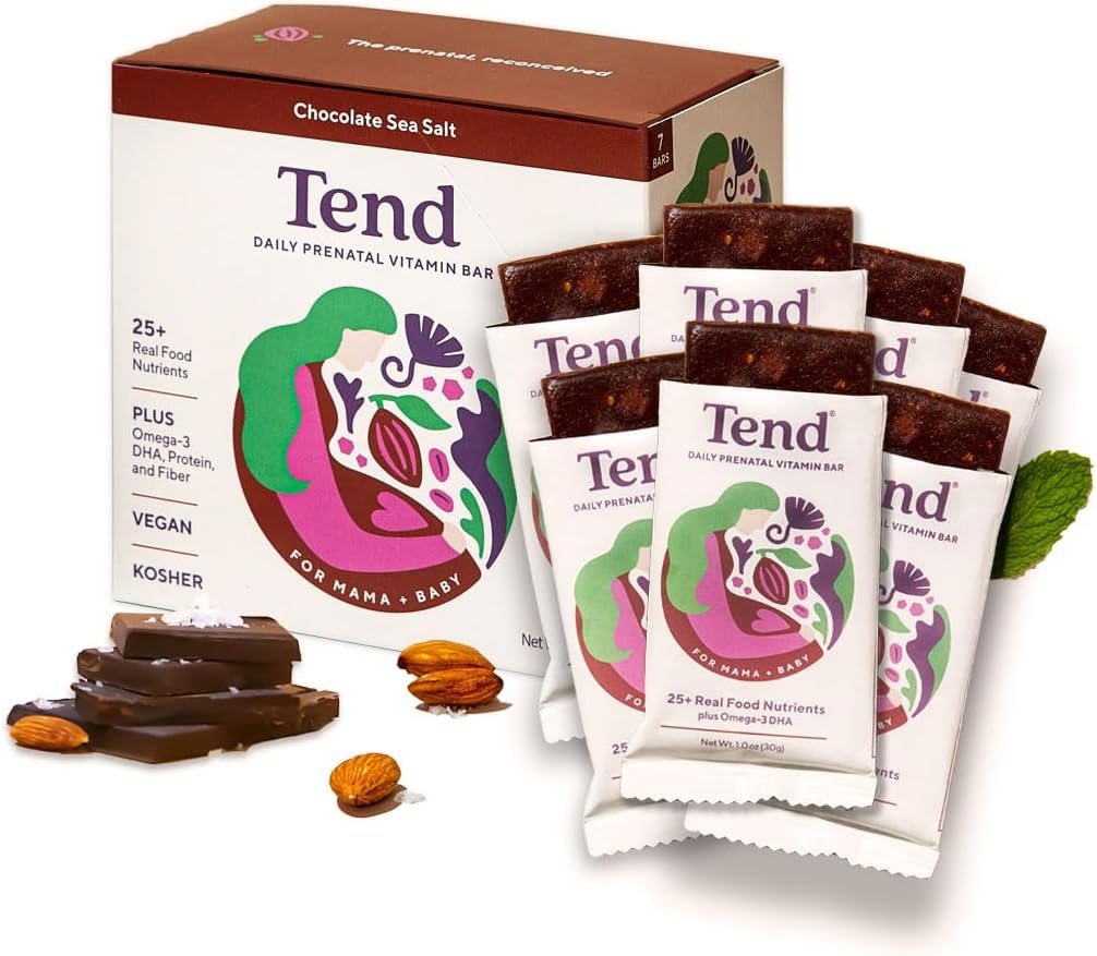 Tend Daily Best Prenatal Vitamin Bar, 임신 & Postpartum 어머니를위한 유기 성분으로 만든 DHA, 비타민 D, B, Choline, Folate - 초콜릿 바다 소금 (7ct)