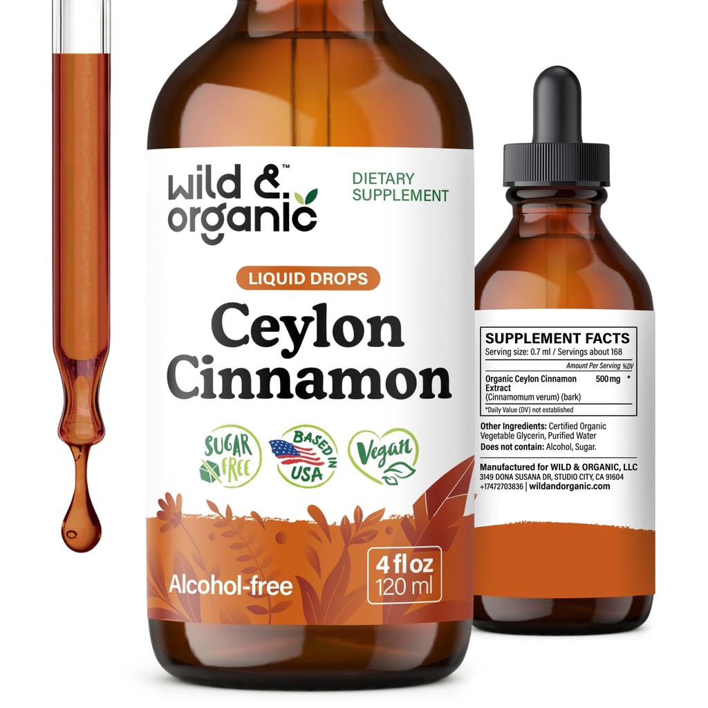 야생 & 유기 Ceylon Cinnamon Tincture 500 mg - 전체 지원을위한 액체 Cinnamon 보충제 - Cinnamomum Verum Bark Extract - Vegan, Sugar & Alcohol-Free, Non-GMO - 4 fl oz