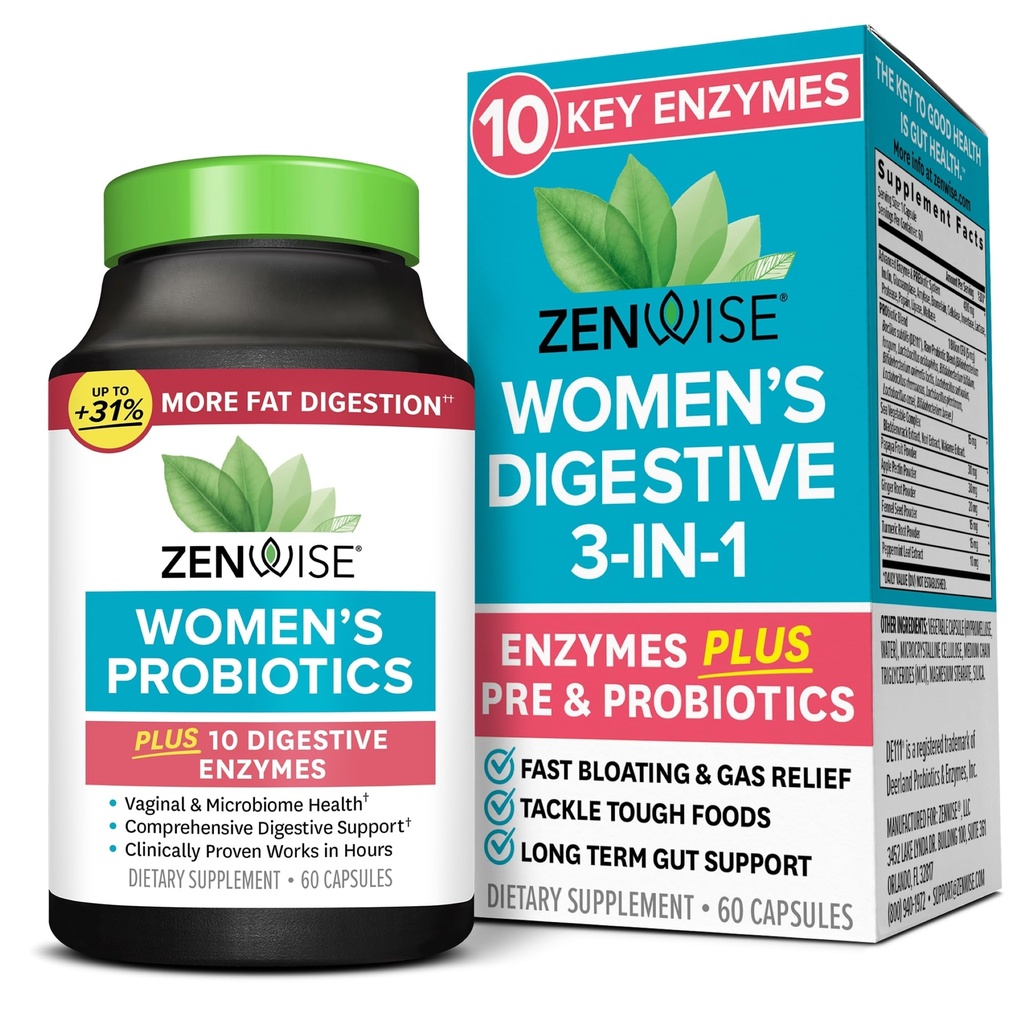 Zenwise 건강 3-in-1 여성 Probiotic 보충, Gut Flora & Vaginal 건강 - 소화 효소 지원 Bloating & Gas Relief와 여성을위한 매일 Probiotics & Prebiotics - 60 카운트