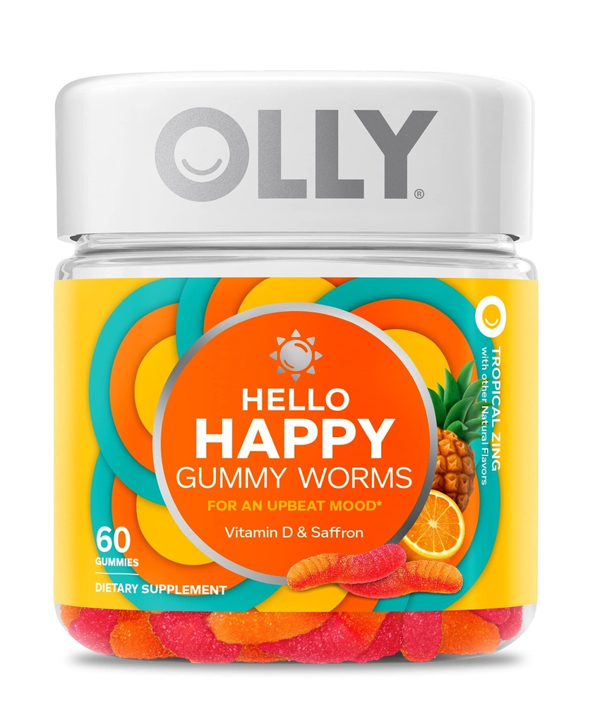 OLLY Hello Happy Gummy Worms, 무드 밸런스 지원, 비타민 D, Saffron, 성인 Chewable Supplement, 열대 Zing - 60 카운트