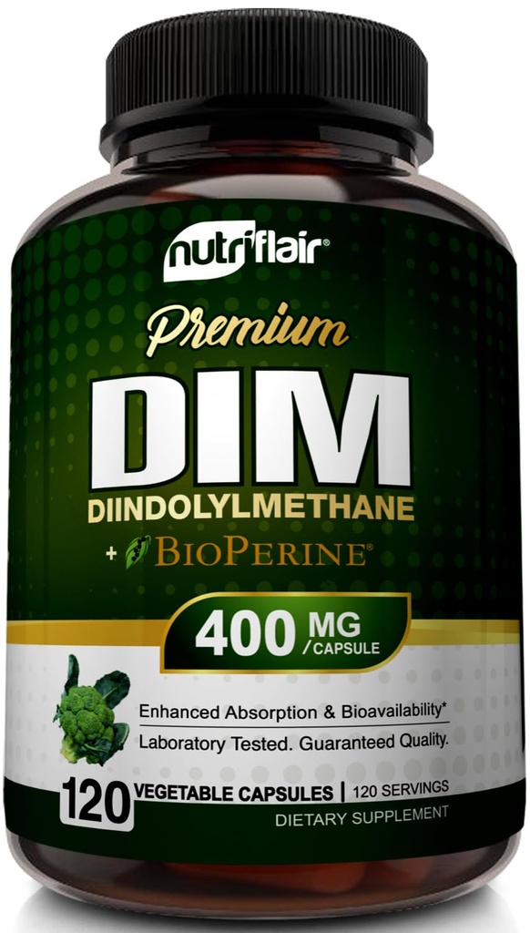 NutriFlair DIM 보충 400mg Bioperine, 120 캡슐 - Diindolylmethane - 에스트로겐 대사 지원 & 호르몬 균형, Menopause, PCOS, 여드름 및 남성 & 여성을 위한 피부 관리 - 300mg에 비교하십시오