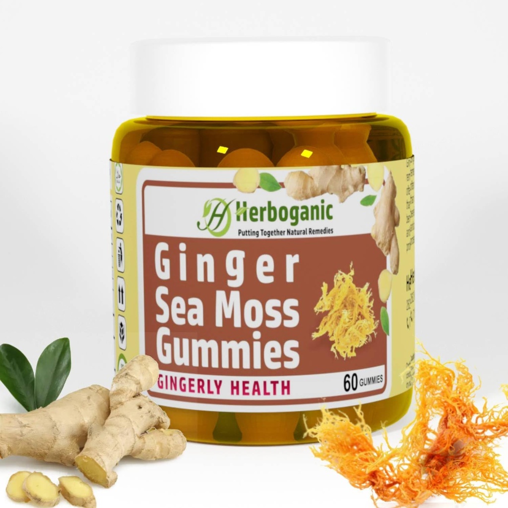 HERBOGANIC Ginger Sea Moss Gummies - Immune & Digestive Health - Plant-Powered, 글루텐 프리 & Vegan-Friendly - 60 카운트를위한 초본 지원