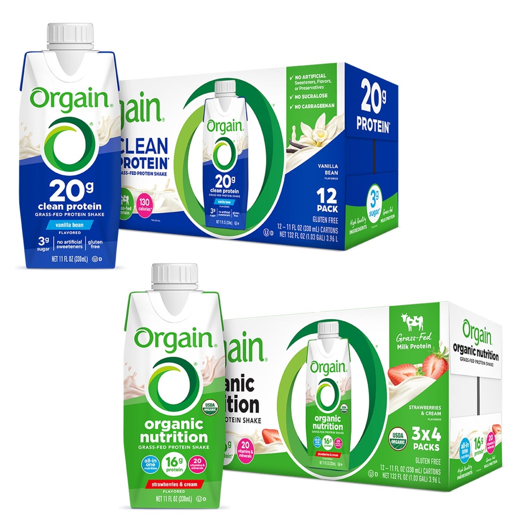 Orgain Clean Protein Shake, Grass Fed Dairy, 바닐라 콩 (12 팩) 및 Orgain Organic Nutritional Protein Shake, 딸기 및 크림 (12 팩)