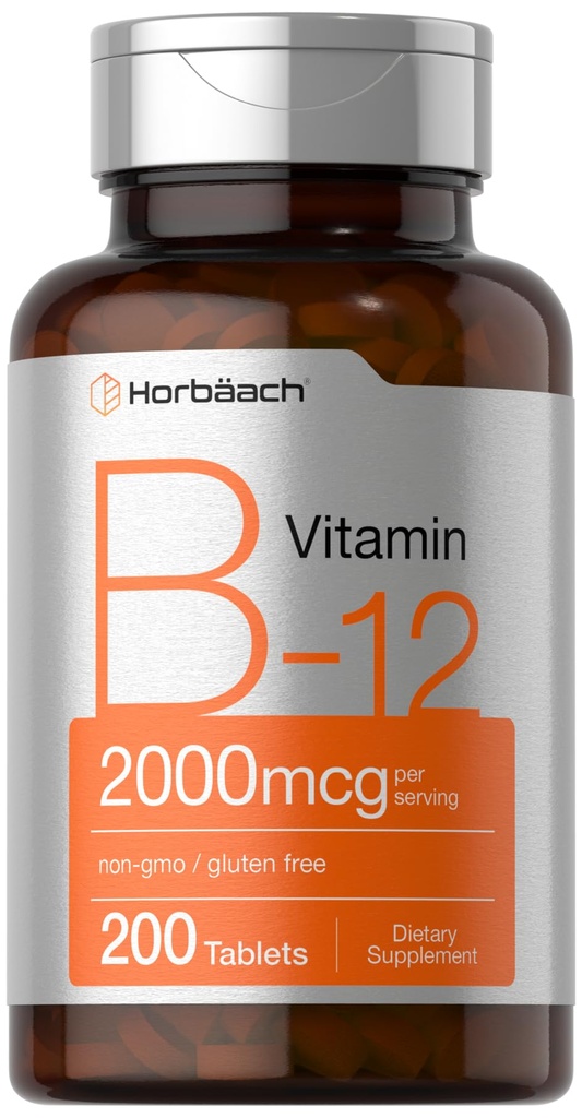 Horbäach B12 비타민 2000 mcg | 200 정제 | 채식 보충교재 | Non-GMO & 글루텐 무료