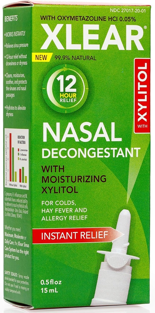 Xlear 12-Hour Natural Saline Nasal Decongestant Spray with Xylitol and Oxymetazoline, 인스턴트 Sinus Pressure and Congestion Relief for Kids and Adults 0.5 fl oz (포장 3)