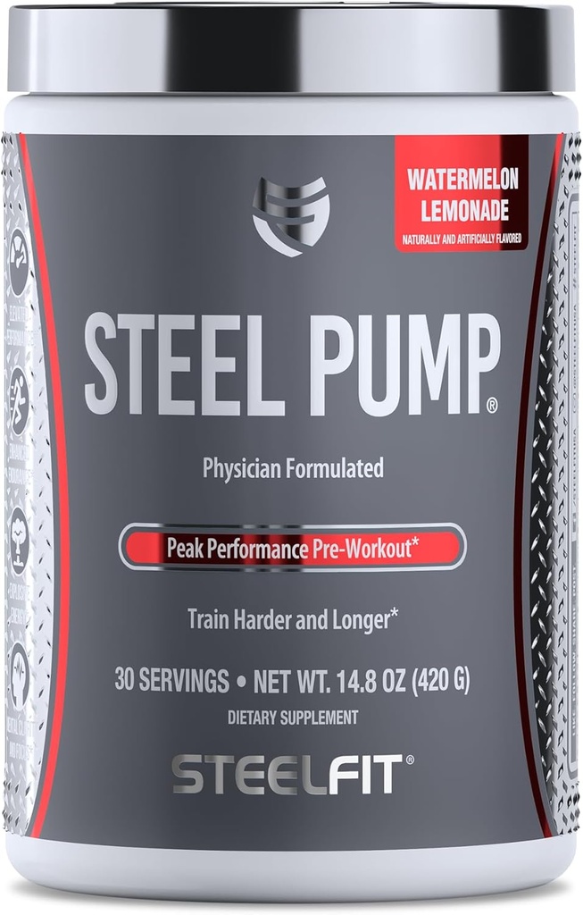 SteelFit Steel Pump | 고급 사전 운동 분말 및 질소 산화물 보충 | 수박 레몬, 30 인분 | 근육 건물 및 회복 | 피크 ATP, Ashwagandha, Electrolytes로 제작