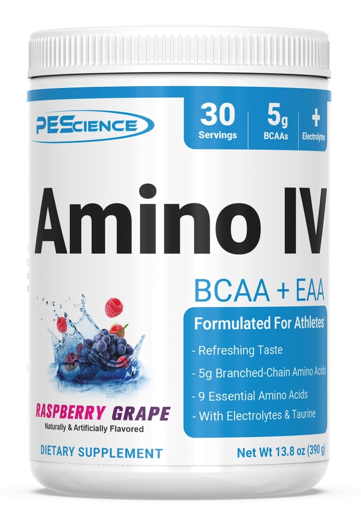 PEScience 아미노산 IV BCAA & EAA 분말, 필수 아미노산, 타우린, Hydration와 근육 회복을 위한 전해질, 남자 & 여자를 위한 설탕 자유로운, 포스트 운동 - 라즈베리 포도 - 30의 서빙