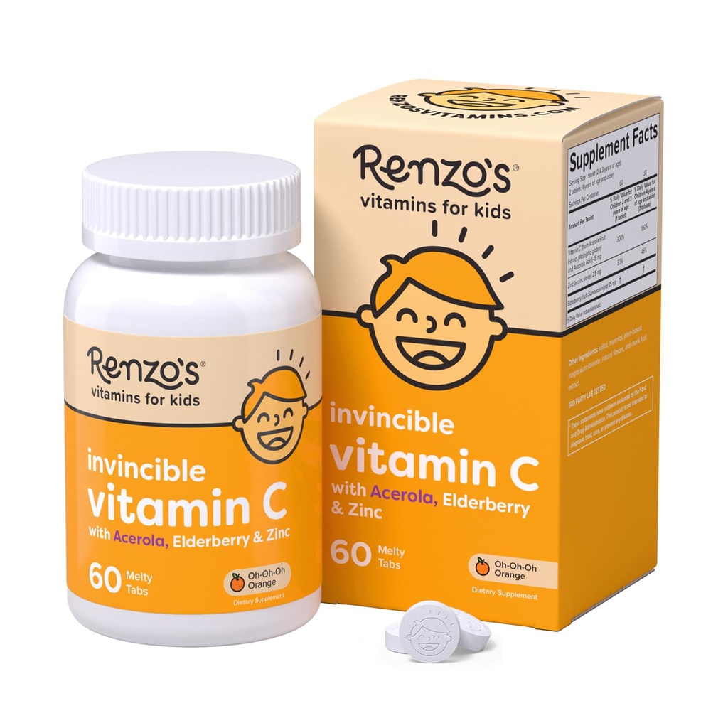 Renzo's Invincible Vitamin C for Kids with Elderberry and Zinc, 면역 지원을위한 Dissolvable Kids Vitamins, 60 오렌지 향료 탭