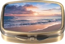 Dynippy Pill Case Pill Box with Mirror Retro Pocket 2 Compartment Medicine Case Vitamin Pill 주최자 for Pocket Purse and Travel (Retro- Beach Sunset)