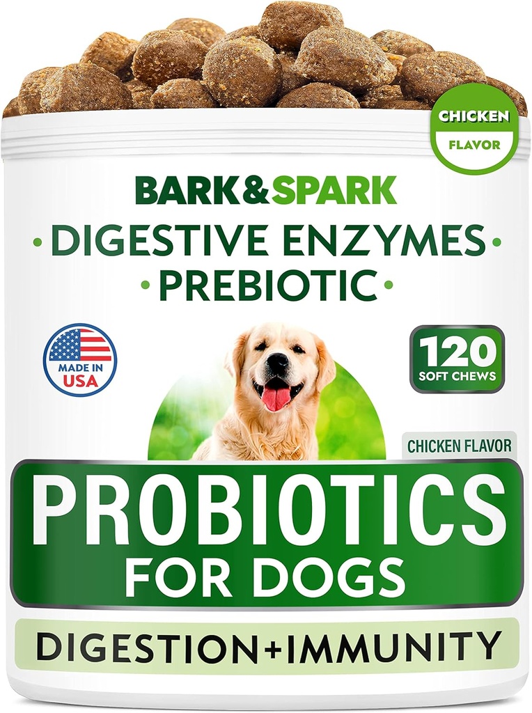 BARK&SPARK Dog Probiotic Chews - 가스, 설사, 알레르기 - 효소 + Prebiotics - 화학 섬유 - 소화, 면역 - 미국 - 90 Ct - 치킨