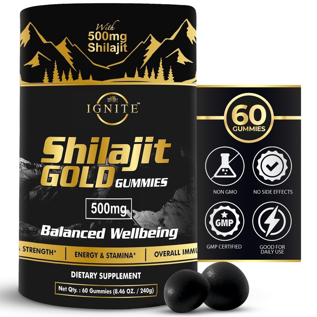 순수한 Himalayan Shilajit Gummies – 75%+ Fulvic 산, 높은 Potency 금 급료 – 에너지, 활력 및 면역 지원, 여행을위한 혼합 - 친절하고, Tamarind 풍미 - 60 Gummies