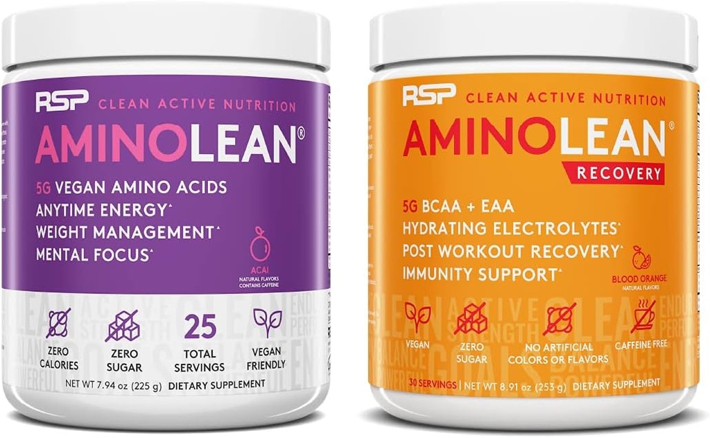 RSP NUTRITION Vegan AminoLean Pre Workout Energy (Acai 25 서빙) AminoLean Recovery Post 운동 부스트 (Blood Orange 30 서빙)
