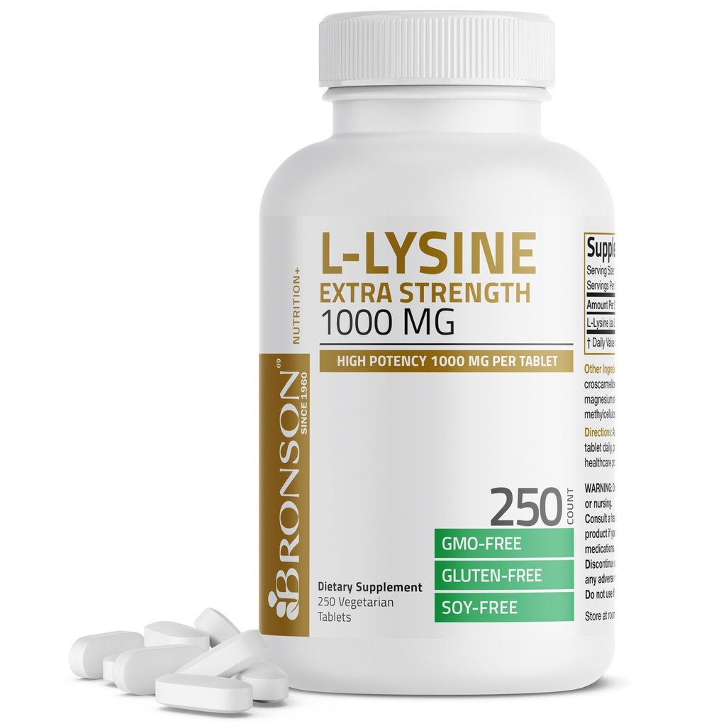 Bronson L-Lysine Extra Strength 1000 MG per Tablet High Potency, Immune Support & Supports Collagen Synthesis, Non-GMO, 250 채식 정제