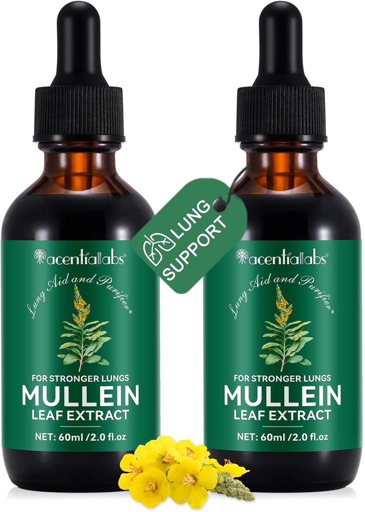 Lungs 건강을 위한 2 PC 유기 액체 Mullein 추출물 보충교재 - 채식주의자, 건강 지원을 위한 첨가물Bronchial Cleanse 없음- 2개 fl oz Mullein 하락