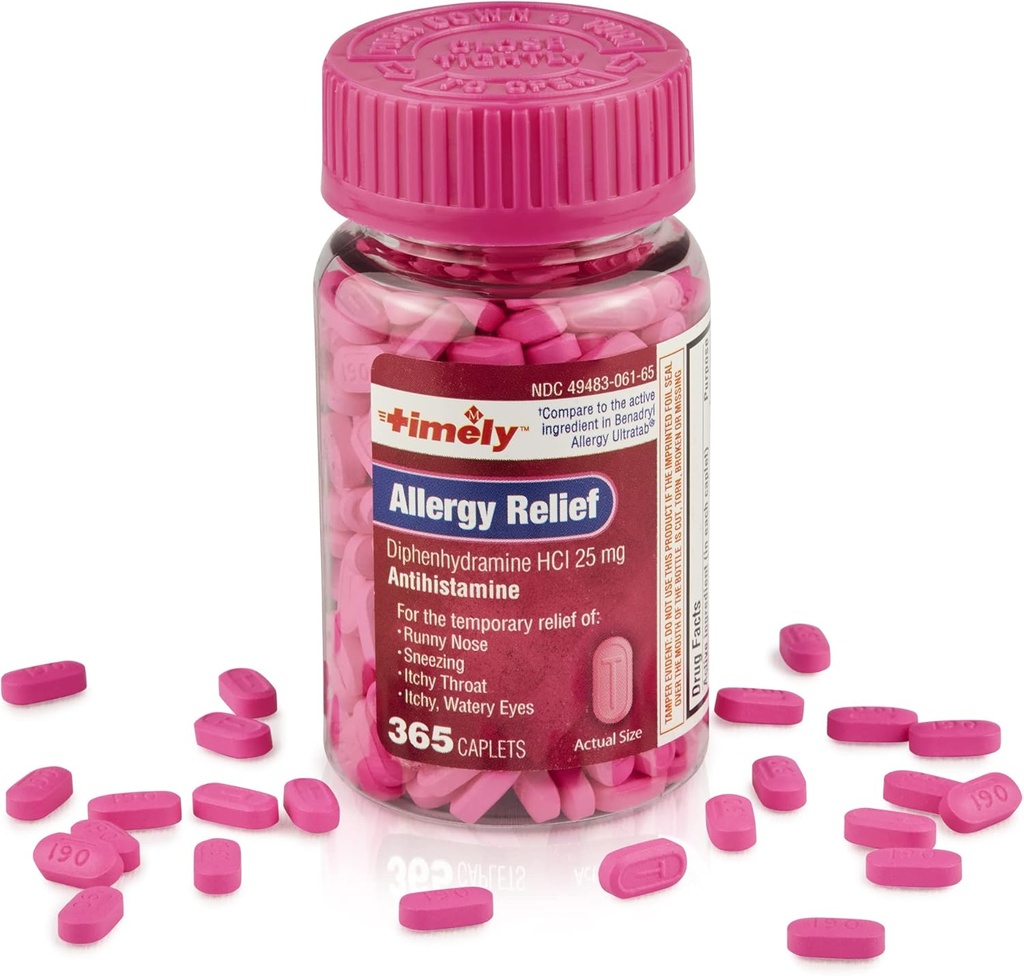적시 알레르기 완화 Diphenhydramine HCl 25 mg - 365 캡슐 - Benadryl Allergy Ultratab와 비교 - Antihistamine - 알레르기 약물 - 성인을위한 토끼 노스 구호 - Watery Eyes 치료