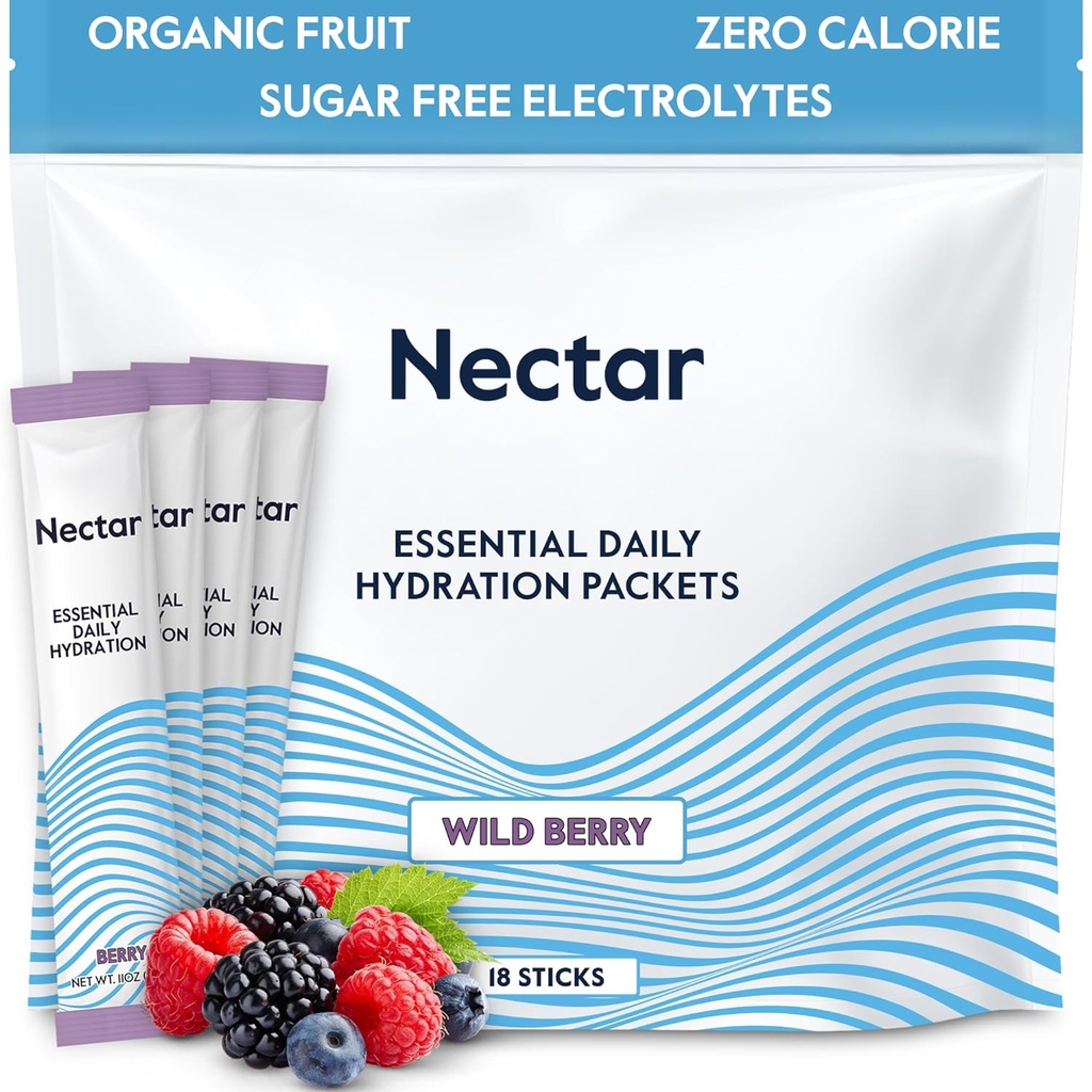 Nectar Hydration Packets - Electrolytes Powder Packets - Sugar 또는 Calories - Dehydration Relief 및 Rapid Rehydration 용 유기 과일 액체 매일 IV Hydrate Packets (베리 18 팩)