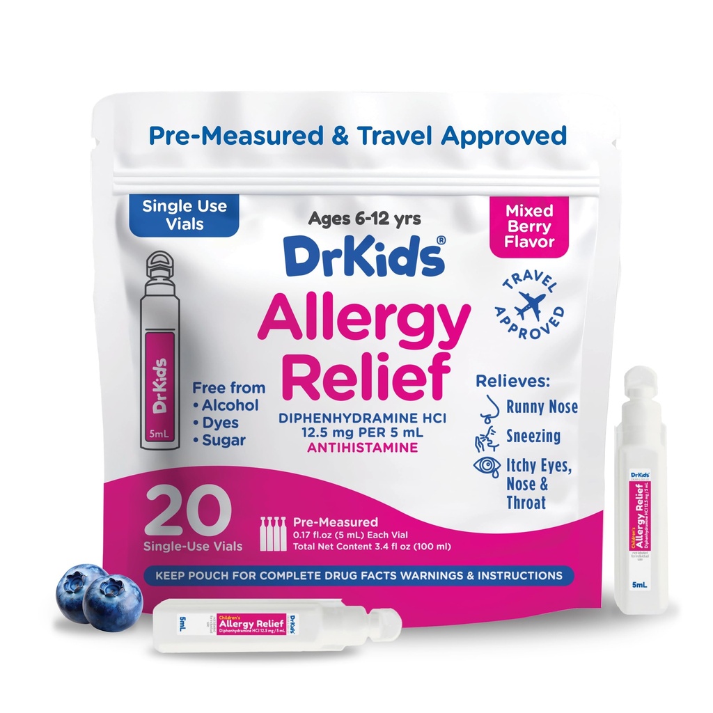 Diphenhydramine - Pre-Measured Single-Use Vials, Sneezing, Runny Nose & Itchy Eyes, 혼합 Berry 맛, 20 개 (팩 1)에 대한 아이 항히스타민